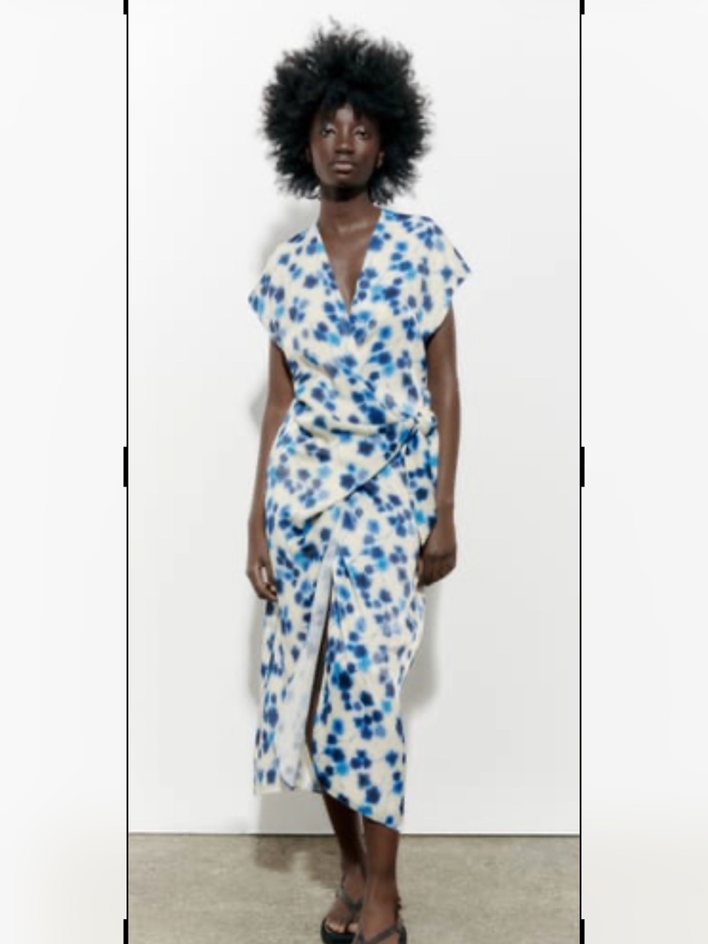 Zara Blue and Cream Floral Wrap Maxi Dress